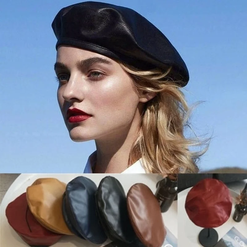 Fashion Women PU Leather Octagonal Caps Newsboy Cap Vintage Bonnet Beret Style Retro Hat Cowboy Pumpkin Painter | Аксессуары для