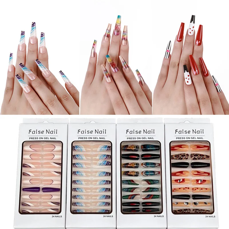 

Модная печать накладных ногтей нажимайте на цветной длинный Маникюр накладные ногти полное покрытие накладные ногти текстурированные про...