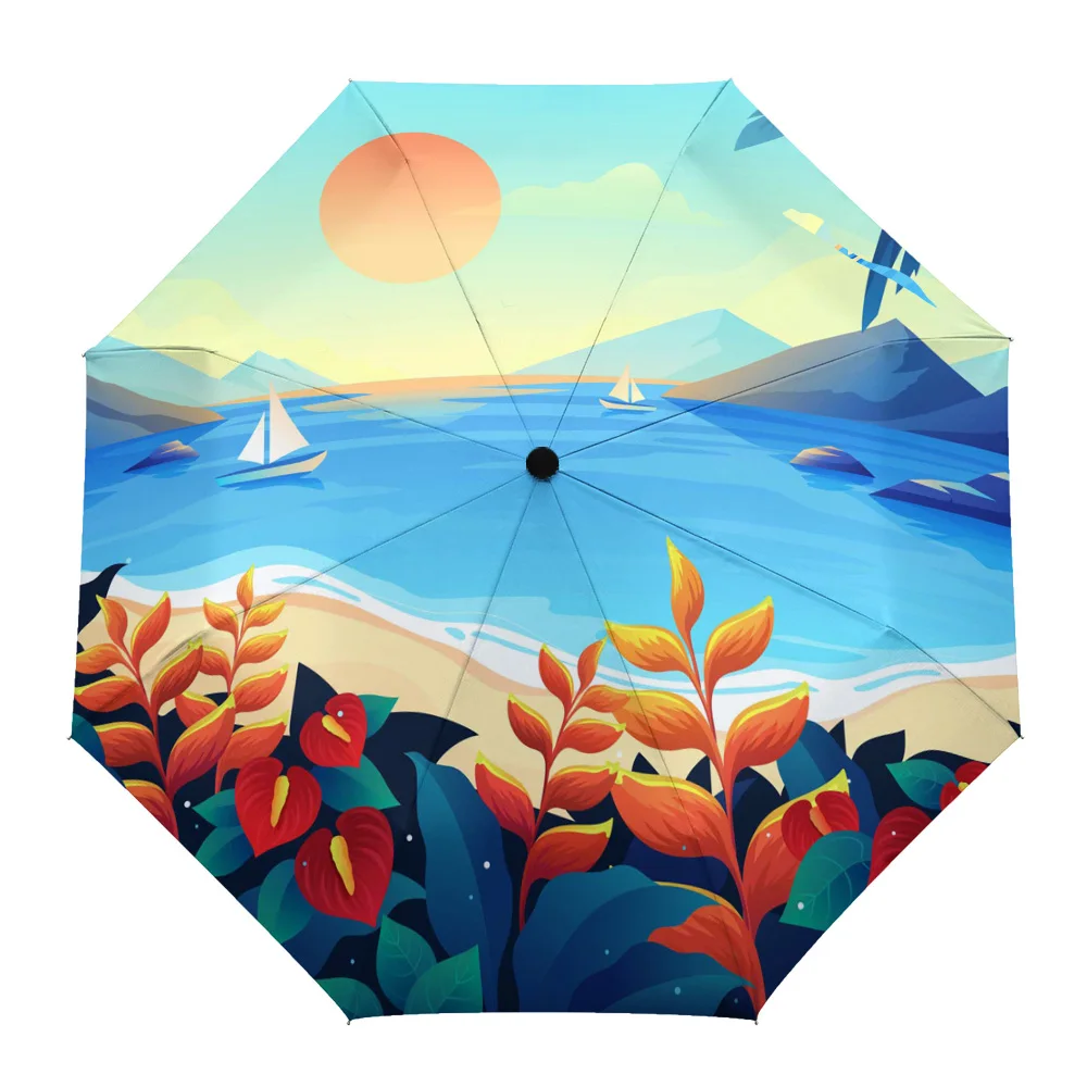 

Summer Sea Tropical Leaves Windproof Umbrellas Travel Folding Umbrella for Female Male Eight Bone Automatic Printed Parasol