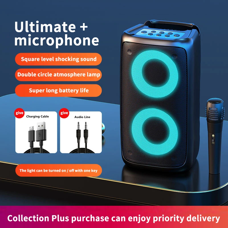 

Беспроводной Bluetooth-динамик KTV, Портативная колонка с двойным сабвуфером, Цветной RGB-динамик для улицы, с поддержкой TF-карты, FM-радио