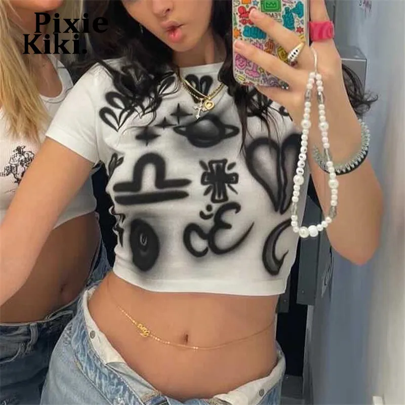 

PixieKiki Graffiti Print White Short Sleeve Crop Tops Cute Baby Tee Women Y2k Streetwear Graphic T Shirts Girls P33-BZ10