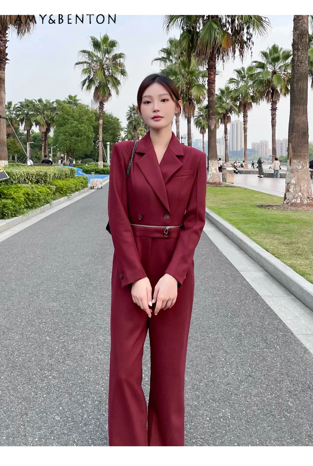 Офисный женский красный костюм с высокой талией осенне-зимний новый пригородный