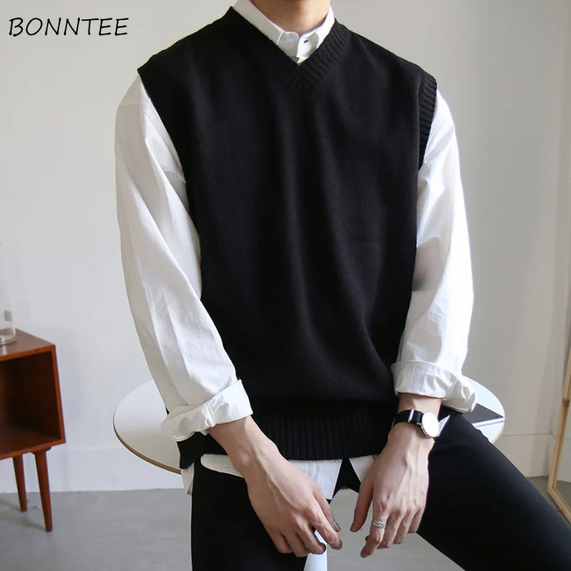 

Sweater Vest Men Simple All-match V-neck Solid Sleeveless Male Tops Basic Cozy Korean Style Ins Leisure Knitted Plus Size M-3XL