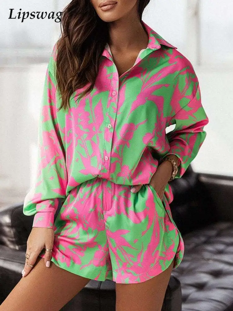 

Fashion Pattern Print Women Shorts Summer Ladies Elegant Turn-down Collar Button Blosue and Shorts Suit Casual Two Piece Outfits