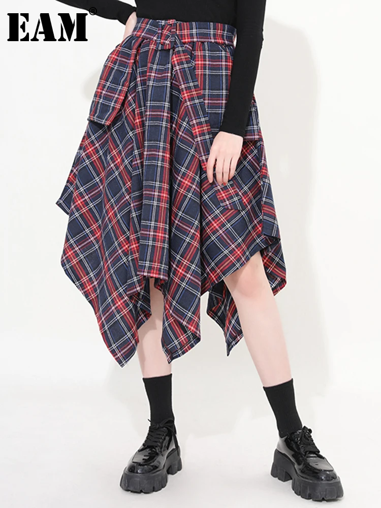 

[EAM] High Elastic Waist Irregular Plaid Bandage Casual Half-body Skirt Women Fashion Tide New Spring Autumn 2022 JD4020