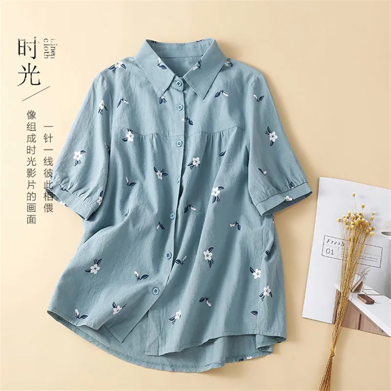 

Women Casual Summer Shirts New Arrival Simple All-match Floral Print Loose Female Cotton Linen Tops Blusas Short Sleeve I281