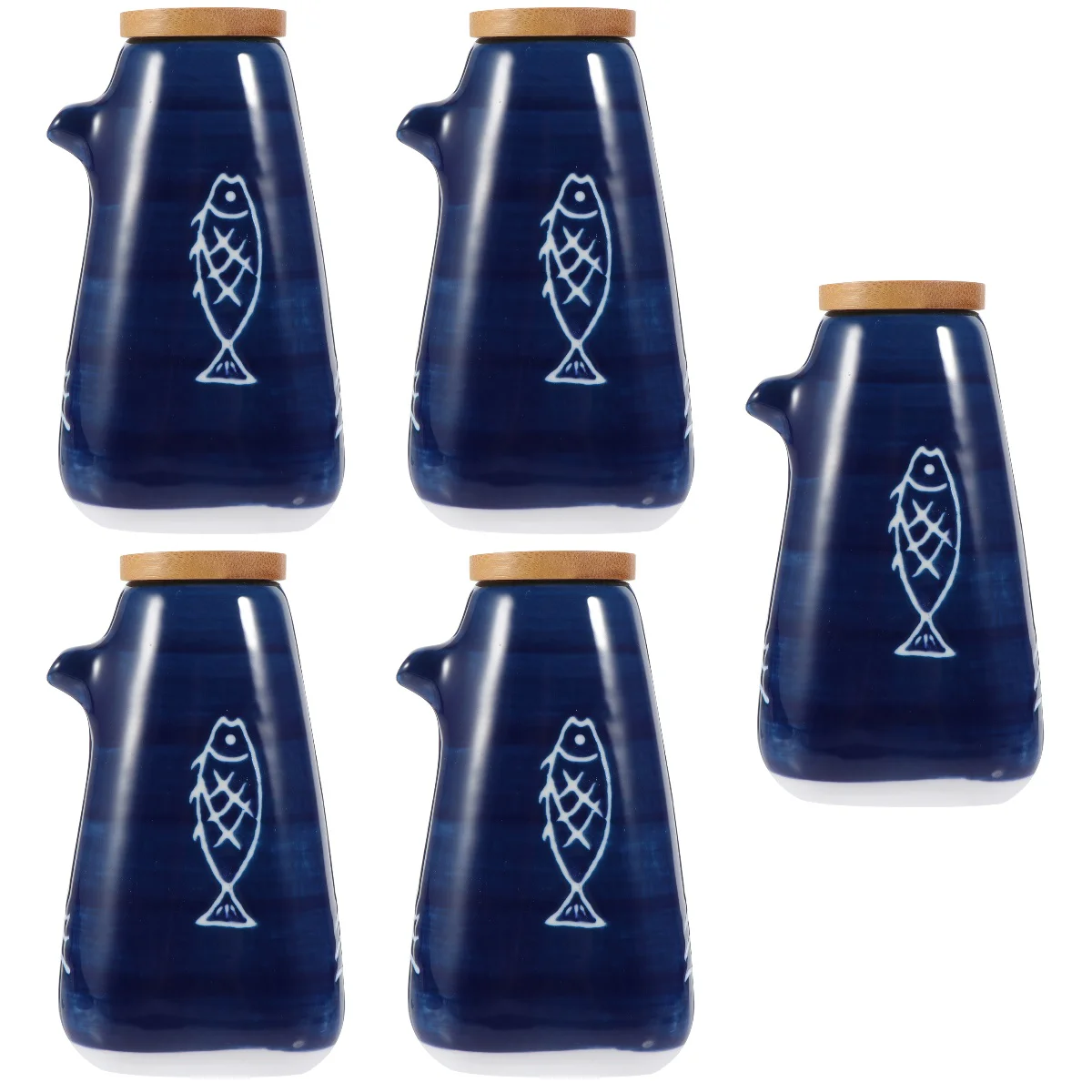

5pcs Japanese Style Condiment Jar Ceramic Sauce Pot Vinegar Container with Bamboo Lid