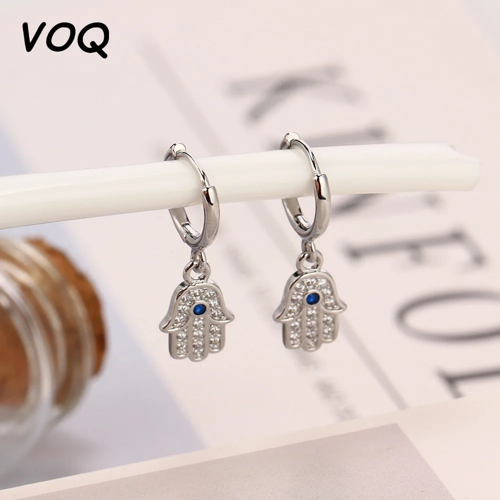 VOQ Silver Color Fatima Hand Hoop Earrings Delicate Blue Eye Circle Pendant Earrings Ladies Hypoallergenic Jewelry