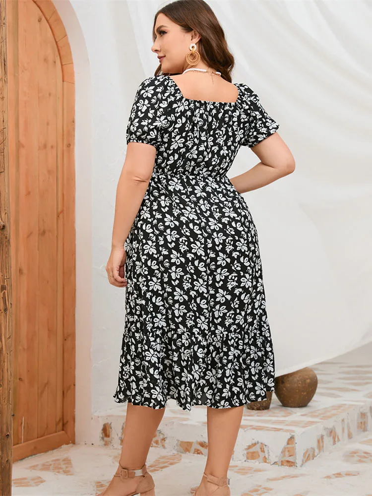 Plus Size Summer Dresses for Women 2023 4XL 5XL Womens Floarl Square collar Ruffles Midi Dress Elegant Party Dresses for Ladies