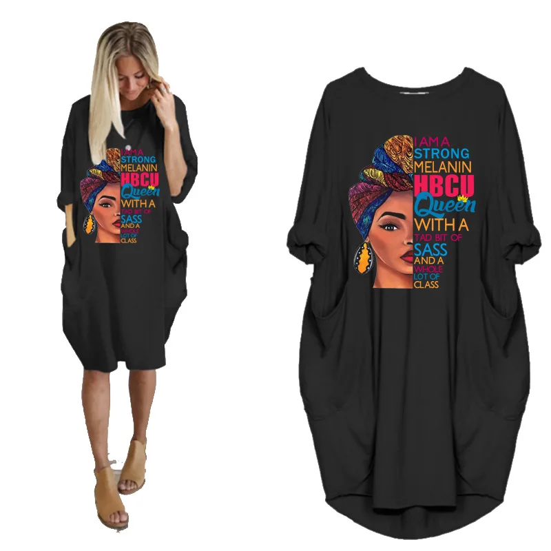 

Plus Size Summer 2022 New Fashion African Dress For Women's Pocket Black Beatiful Letters Print T Shirt Dresses Midi Robe Femme