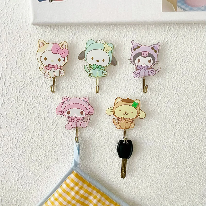 

5pcs Sanrioed Cinnamoroll Pochacoo Melody Kuromi Hello Kitty Pompompurin Hook Up Cartoon Acrylic Wall No Trace Hook No Punching