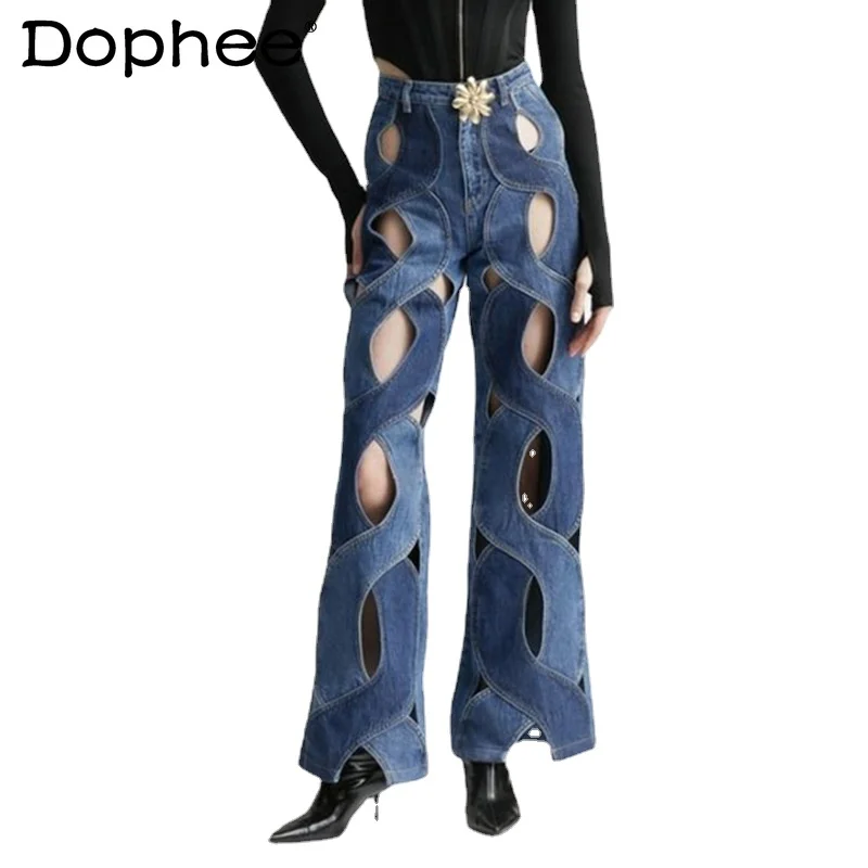 

Модные дизайнерские джинсы с вырезами Ранняя осень двухцветные Лоскутные облегающие прямые джинсовые брюки с прямыми штанинами