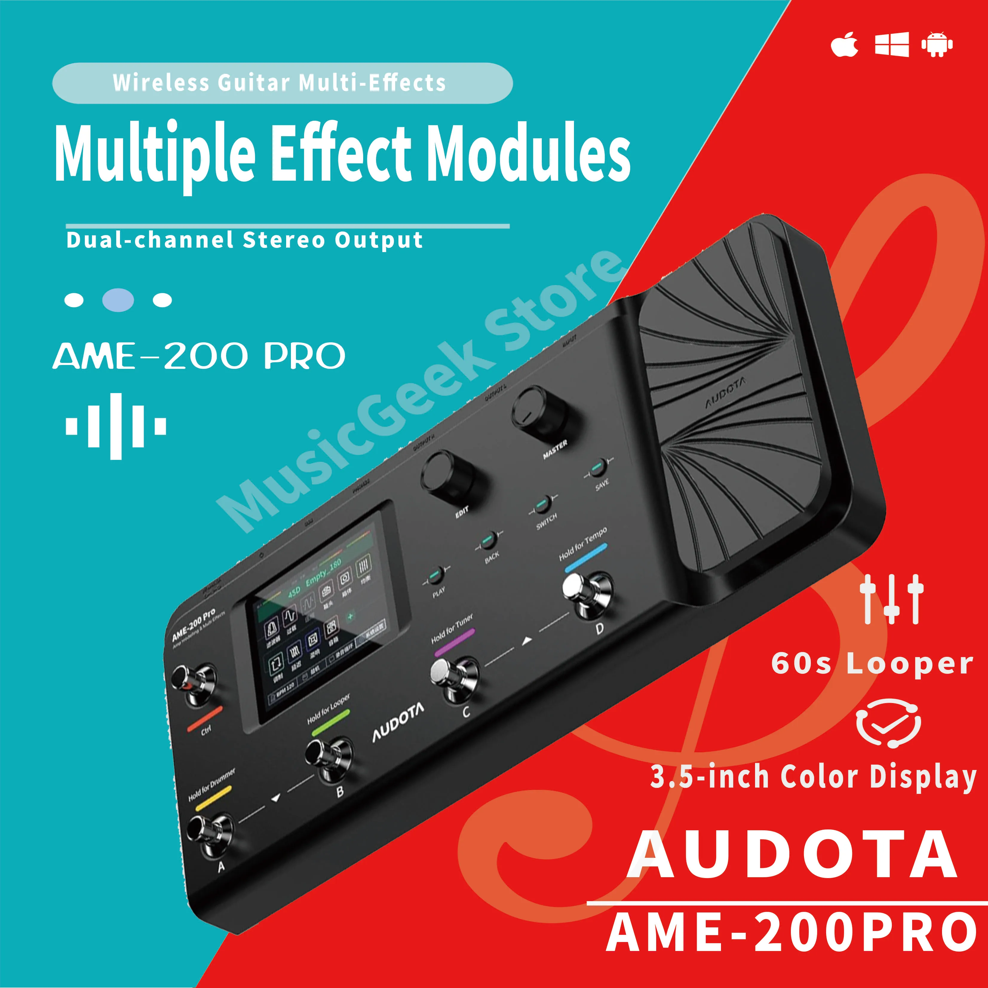 Фото Гитарная педаль мультиэффектов AUDOTA AME-200 Pro, 10 модулей, 200 пресетов, тюнер, 50 драм-паттернов, лупер, USB OTG, выход для наушников №1