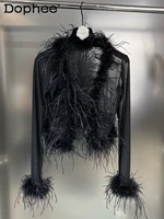 2022 new summer fashion women clothes flare sleeves feather spliced mesh see throw sexy top cardigan