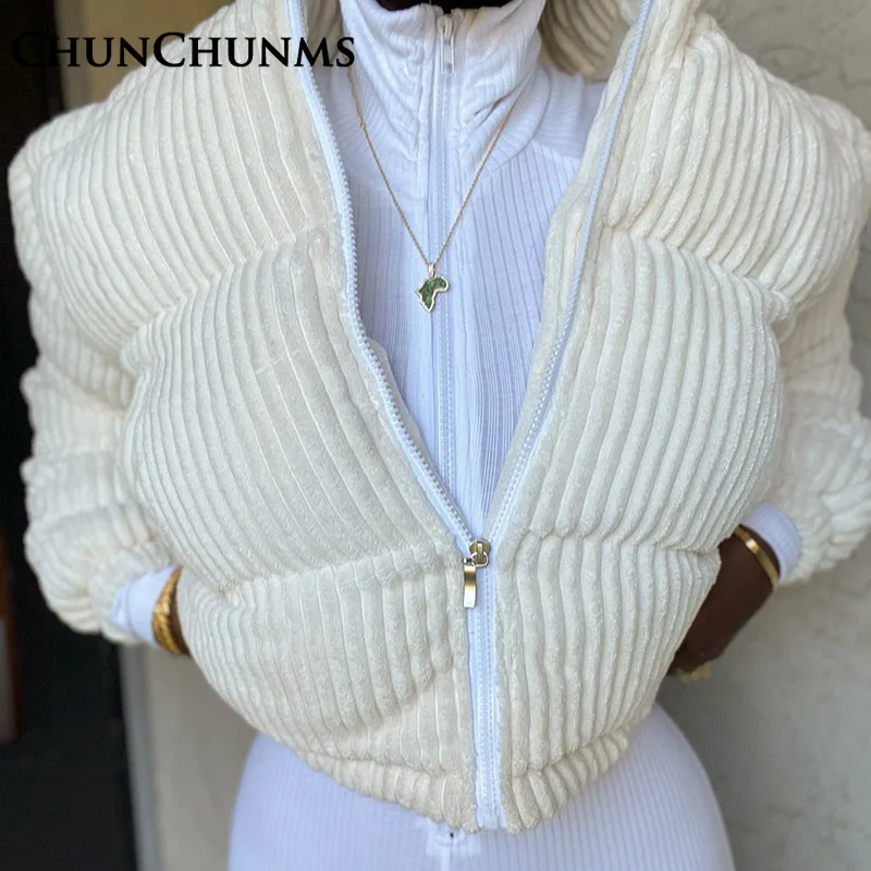 2022 Winter Corduroy Warm Cotton Down Jacket Women Fashion High Collar Long Sleeve Zipper Parkas Coat Puffer Bread Outfit Street
