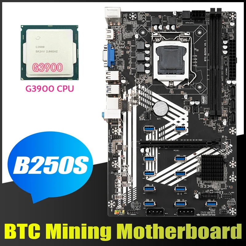 B250S BTC Mining Motherboard+G3900 CPU LGA1151 11XUSB3.0+1XPCIE 16X Slot DDR4 SATA 3.0 USB3.0 for ETH Miner Motherboard