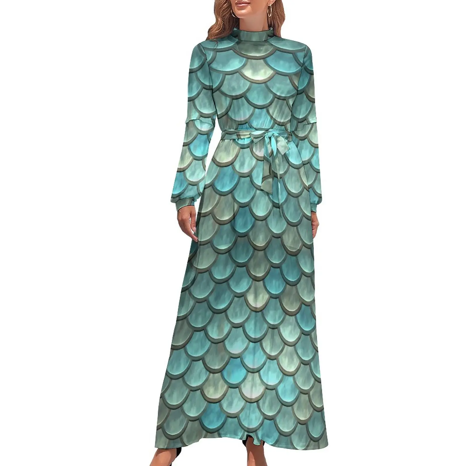 

Metallic Mermaids Dress Fish Scales Print Kawaii Graphic Maxi Dress High Neck Long Sleeve Streetwear Bohemia Long Dresses