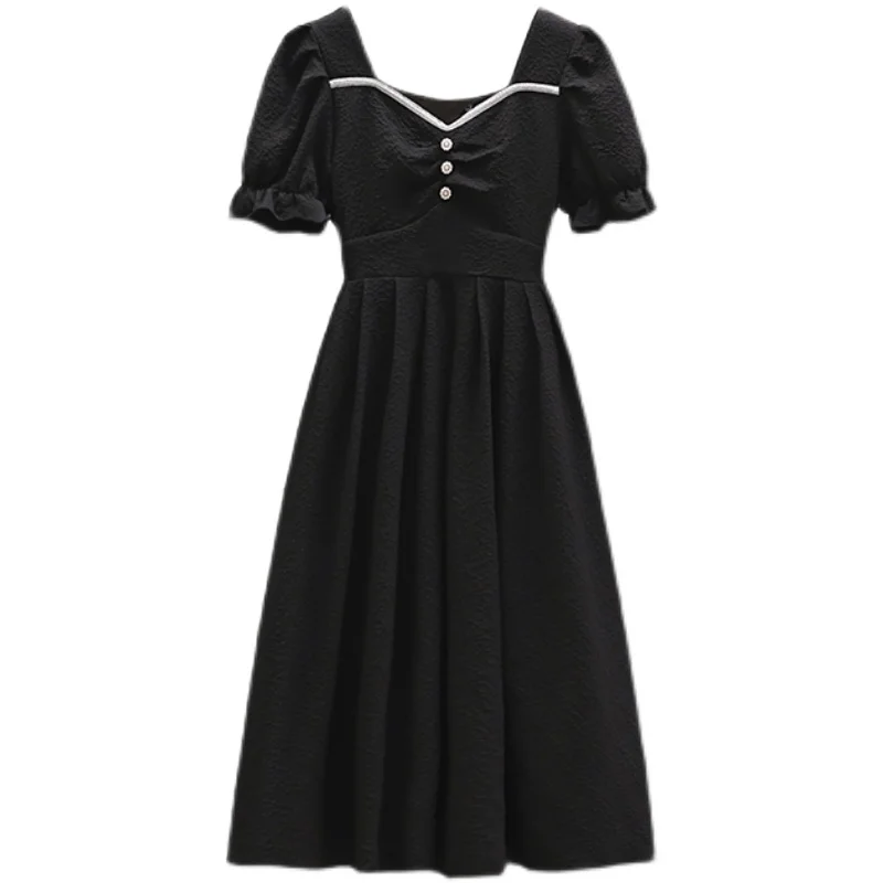 

Summer Chic Elegant Black White Prom Party Dress Square Collar Short Sleeve Pleated Dresses For Women Female Plus Size Clothing