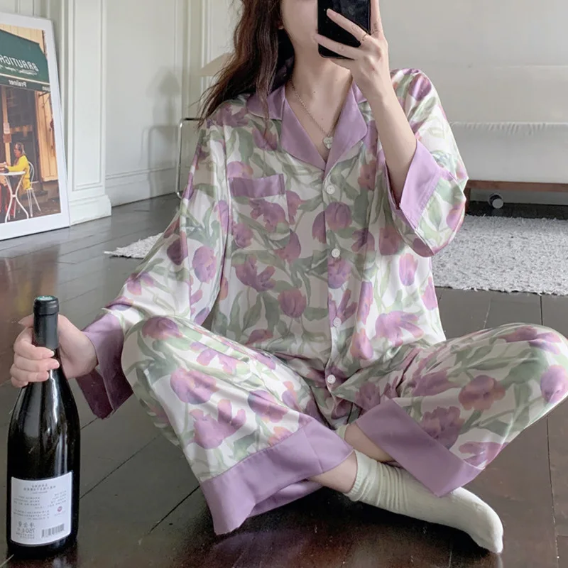 

Summer Purple Tulip Lapel Cardigan Pajamas for Women Sweet Homewear Fashion Nightwear Soft Satin Silk Luxury Korean Sleepwear