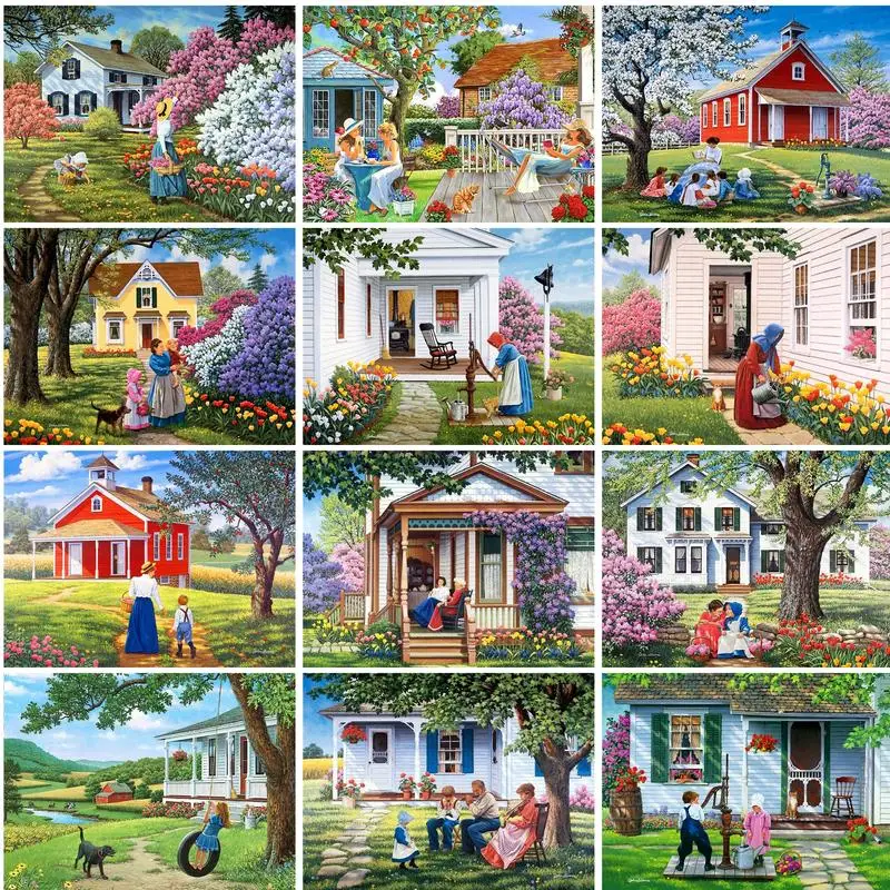 

PhotoCustom 5D Diamond Painting House Cross Stitch Animal Embroidery Scenery Kit Picture Of Rhinestones Decoration Home