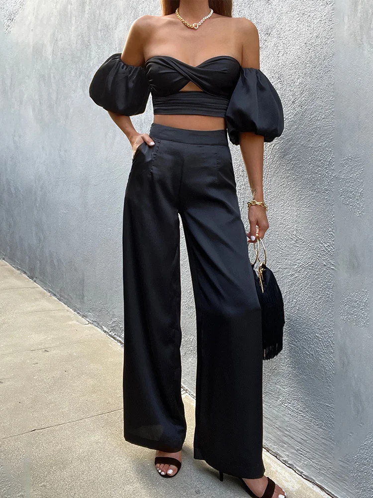 

Thorn Tree Elegant Women Satin 2 Piece Sets Solid Slash Neck Criss Cross Hollow Out T-shirts Tops High Waist Wide Leg Pants 2022