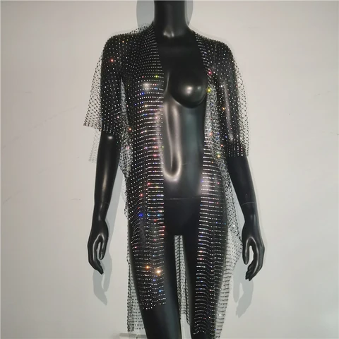 Женская сетчатая накидка бикини с бриллиантами, Сексуальная Ажурная прозрачная сетчатая искусственная кожа, Пляжная фотошаль, кардиганы