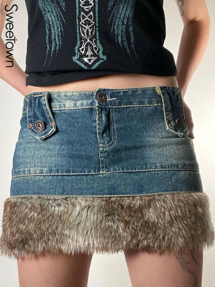 

Sweetown Feather Fur Hem Cute Y2K Denim Skirt Low Waist Hot Girl Pencil Mini Skirts Womens 2000s Aesthetic Preppy Streetwear