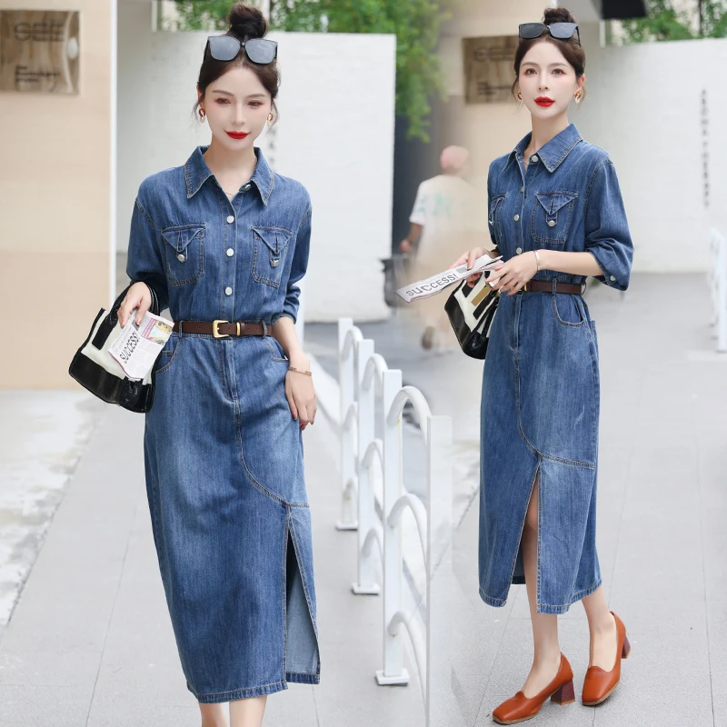 

Vintage Denim Women's Dresses 2023 New Slim Clothing Solid Long Sleeve A-LINE Empire Spring/Summer Fashion Split Women Dress