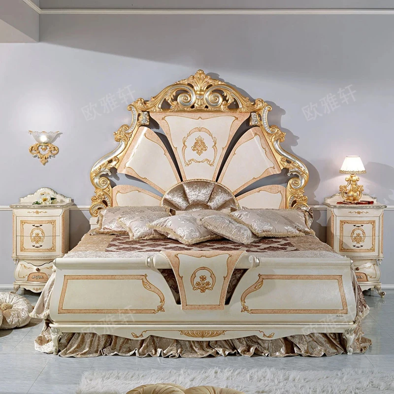 

Custom European solid wood carved double bed French birch palace bed painted luxury princess bed