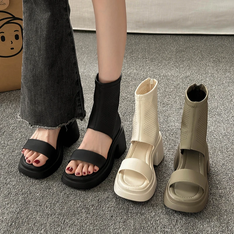 

BCEBYL Spring And Summer Casual Thick-soled Open-toed Fish Mouth Mesh Breathable High-top Chunky Heel Sandals Shoes For Women