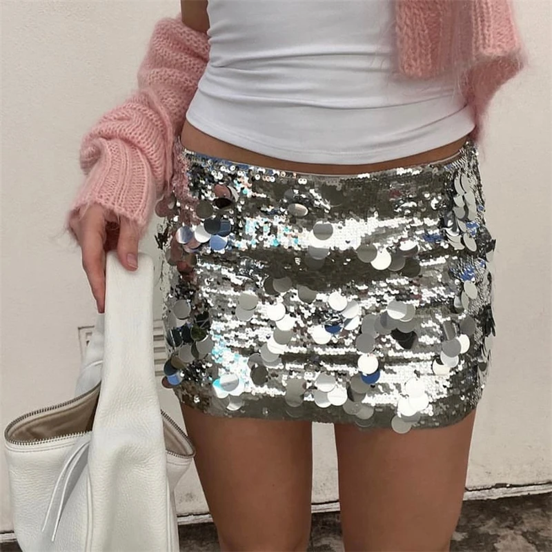 

y2k Mini Skirts for Women Grunge Fairycore Clothes Silver Sequins Low Waist Elastic Waist Skirts Female Short Skirt Streetwear