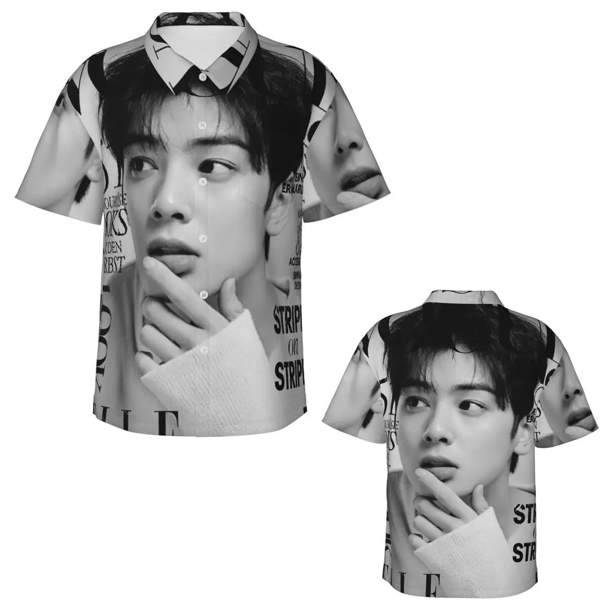 Фото Мужская модная гавайская рубашка Cha EunWoo Kpop Astro с коротким рукавом для лета и пляжа, с отложным воротником №2