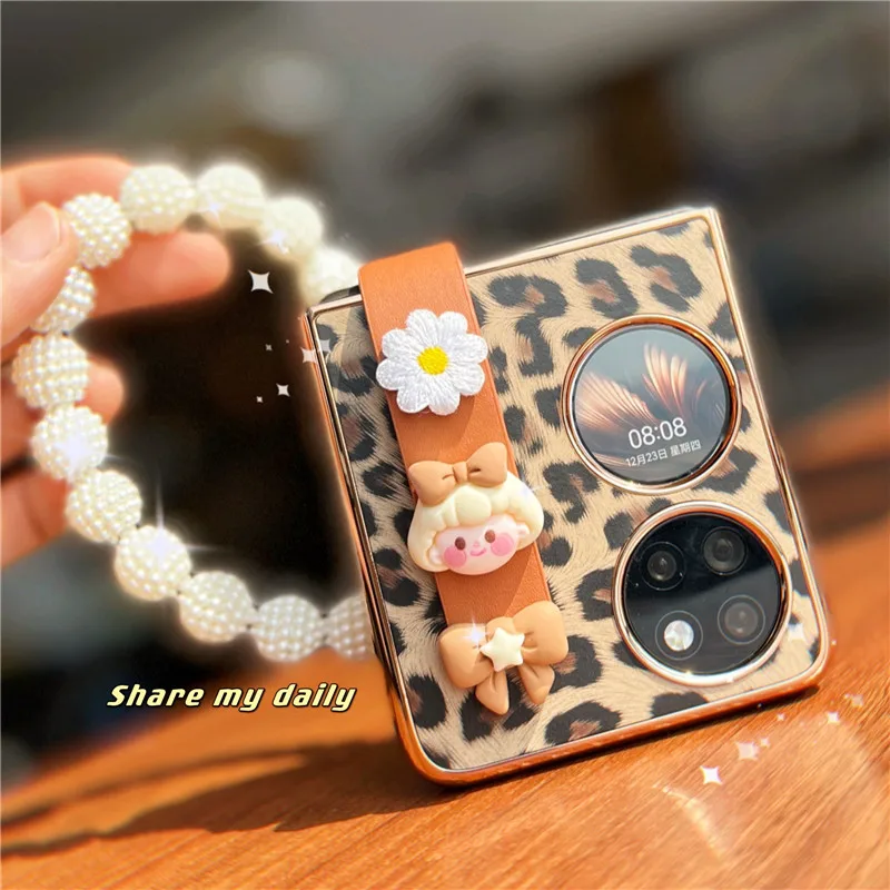 For Huawei P50 Pocket Case Leopard Print Case for Huawei P50 Pocket with Lanyard Cover Funda Para Ins Cute Girl Etui