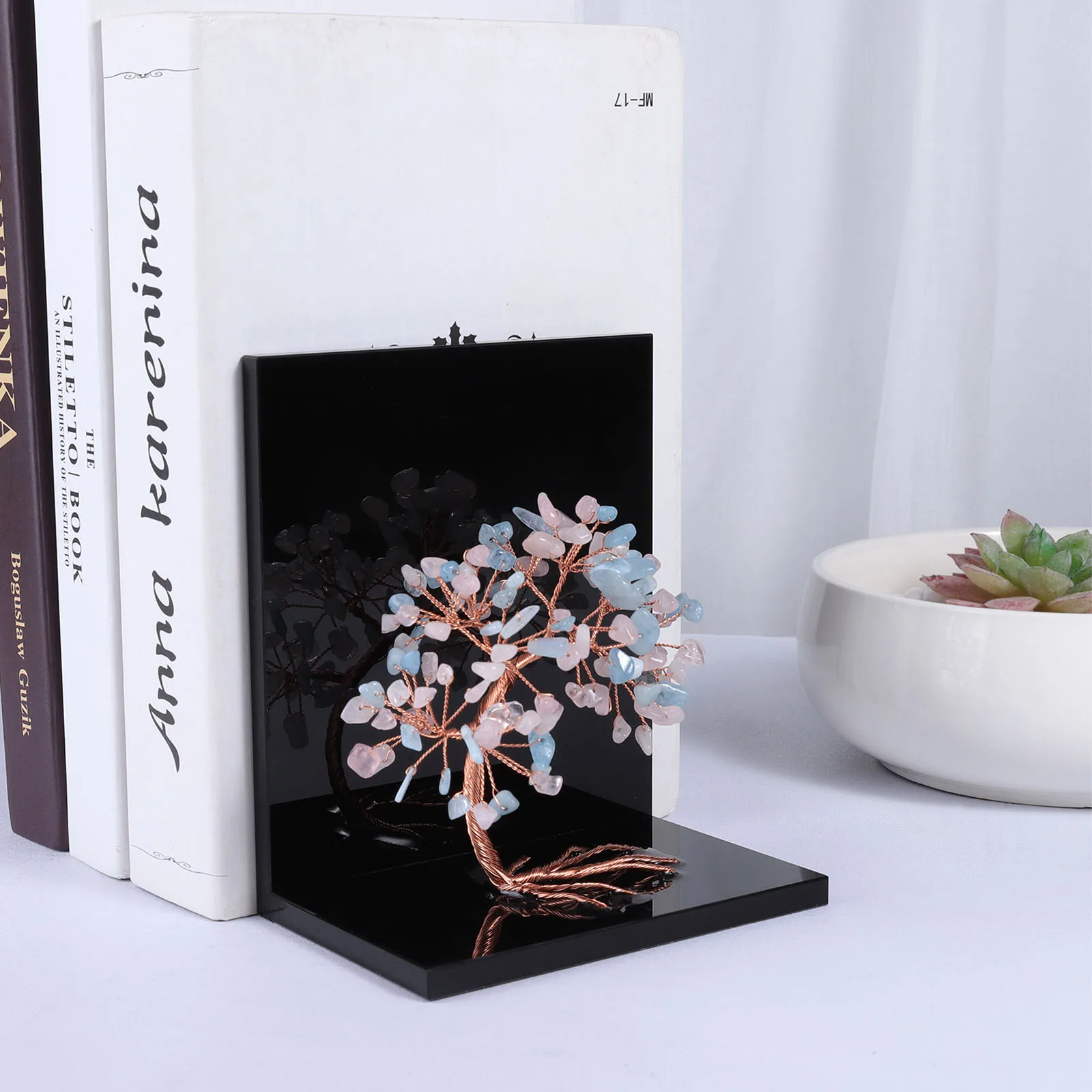 Natural Crystal Money Tree With Acrylic Bookends Book Ends For Shelves Desktop Organizer Home Office 1 Pair