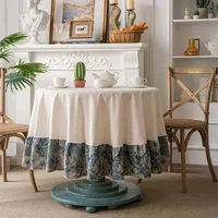 Cotton Linen Tablecloth Blue Printed Round Tablecloth Oil-Proof And Anti-Scald Table Mat Coffee Table Cover Home Decoration Set