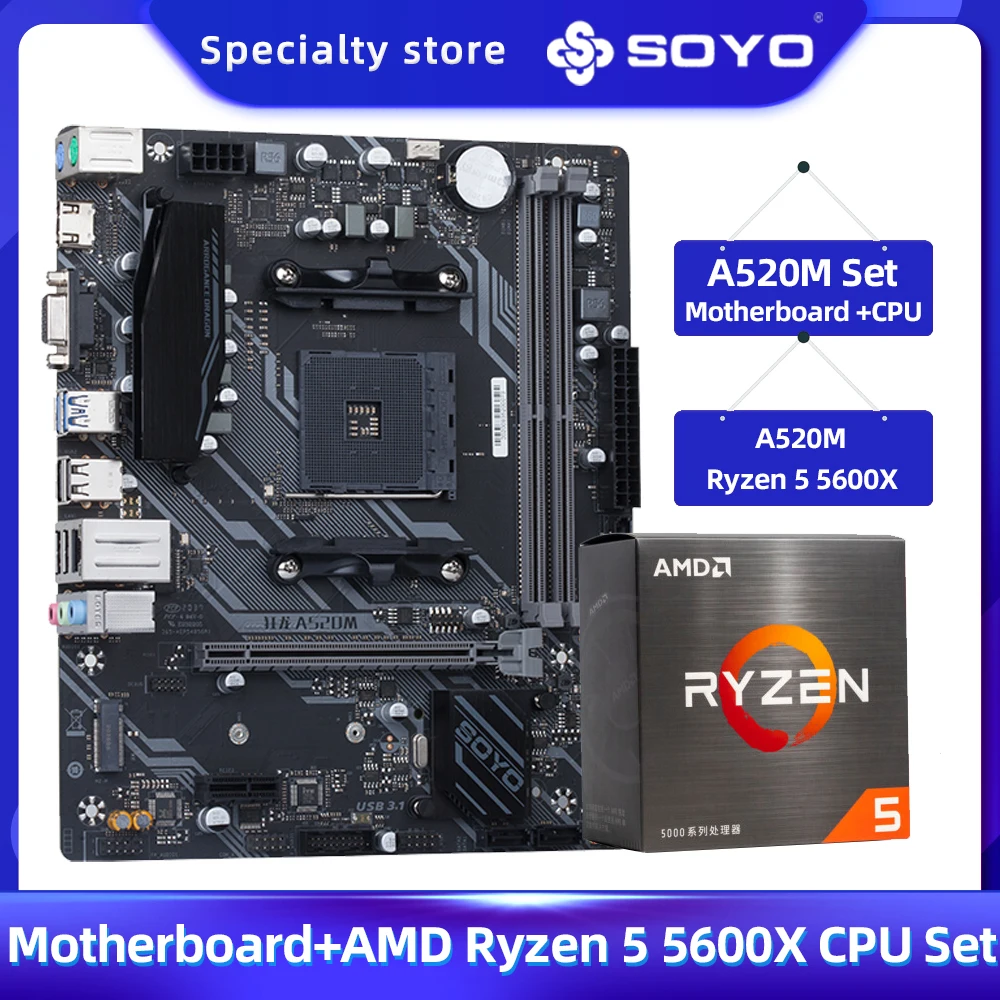 

SOYO Brand New Dragon A520M Motherboard with AMD Ryzen 5 5600X CPU Set NVME USB3.0 Dual-Channel DDR4 for Desktop Computer Combo