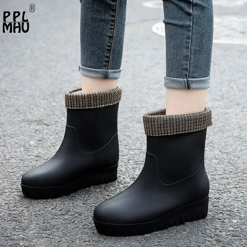 

Winter Warm Non-Slip Wedge Rubber Shoes PVC Waterproof Slip On Thick Plush RainBoots Retro Casual Platform Mid-Calf Boots
