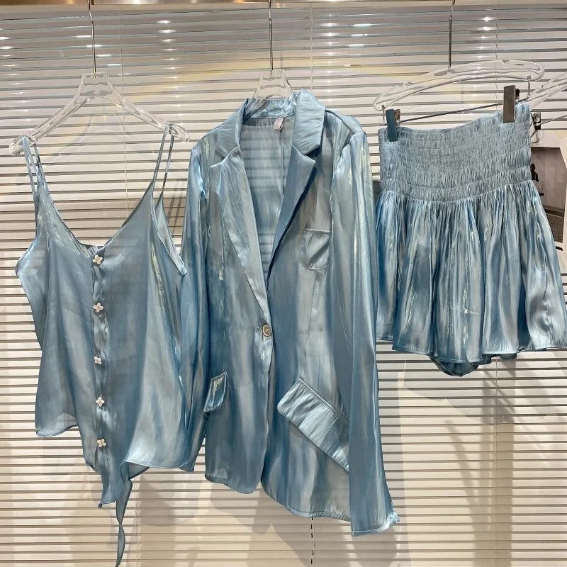 

BORVEMAYS Three Piece Set Women Outfits 2023 Spring Autumn New Lapel Shirt + Sleeveless Thank Top + Solid Color Skirts WX141