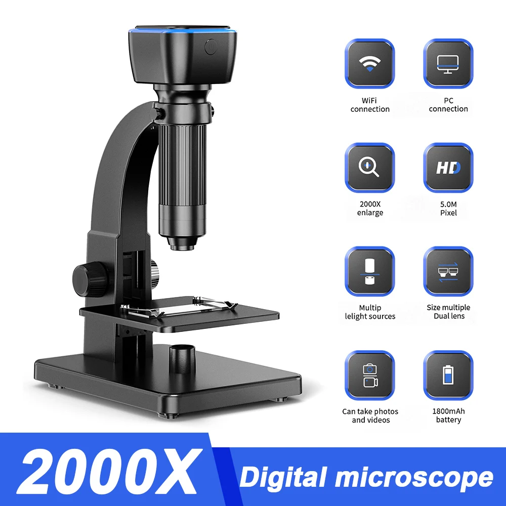 

Dual Lens Wifi Digital Microscope 2000X 5M Electronic Cell Microscope for Science Observing Welding Circuit Board Maintenance