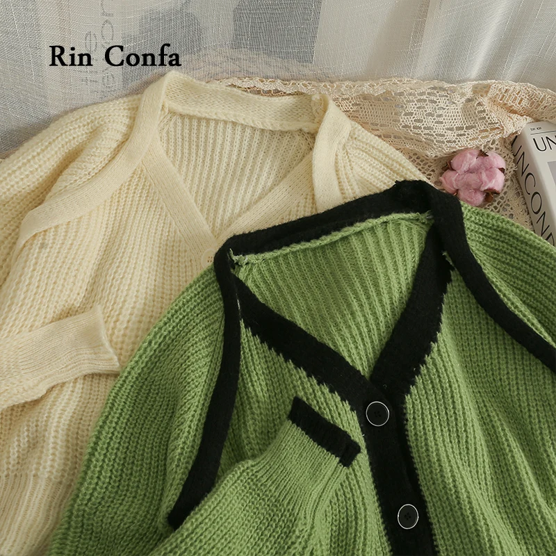 

Rin Confa Sense Of design Assorted Colors Striped Knitting Sweater Single Breasted Slim Thin Cardigan Tops Chic All-Match Top Wo