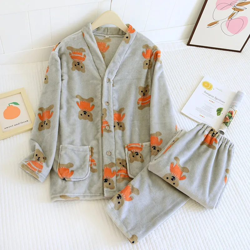 Homewear Suit Flannel Couple Pajamas Set Men Women Autumn Winter Home Comfort Cartoon Bear Warm Loungewear Clothing Sleeping Pjs