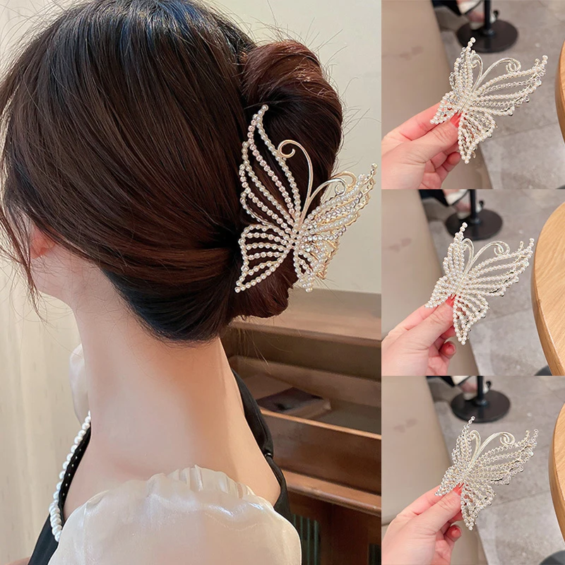 

Exquisite Rhinestone Butterfly Hair Claw Clips For Women Elegant Pearl Hair Crab Barrette Headwear Ponytail Clip Hairpin Clips