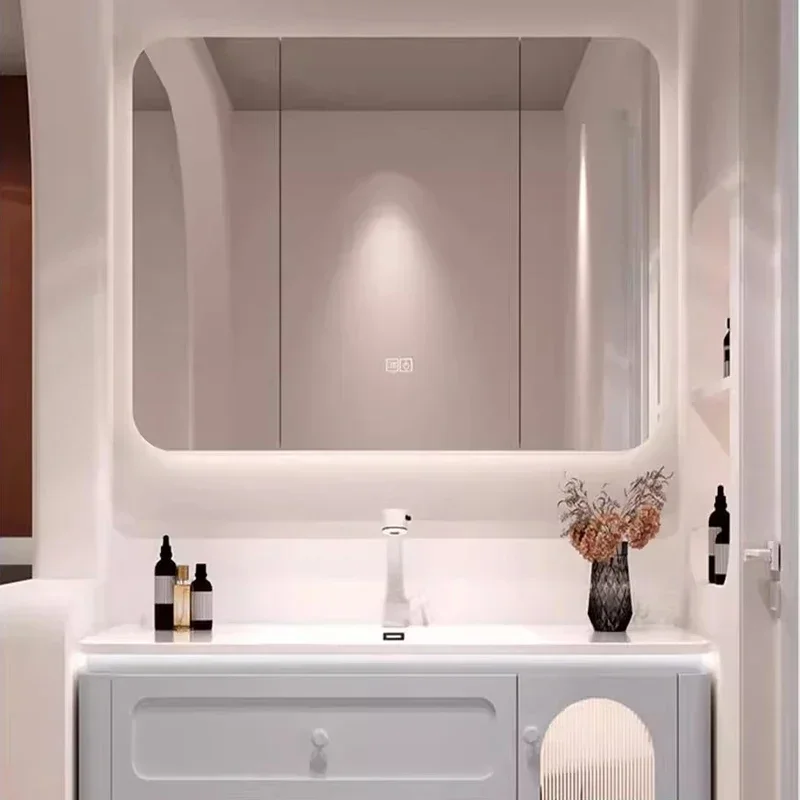 Фотообои для стен с двойной раковиной и выдвижными ящиками