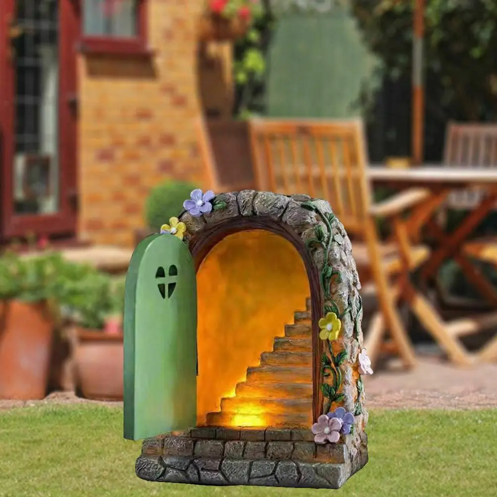 solar garden resin fairy door light for trees statues house face art gnome yard elf fairy accessories garden statues decor free global shipping