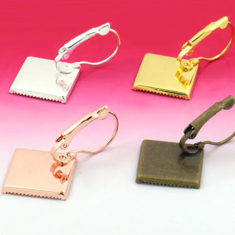 20pcs WHOLESALE Inner 15mm ANTIQUE BRONZE/Silver Plated Earring Hoop  Square Cameo Setting  Cabochon Tray for DIY Making
