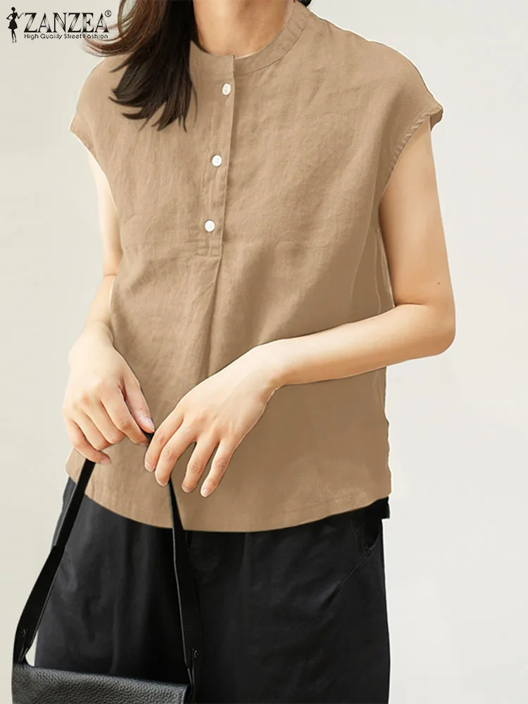 

ZANZEA Summer Sleeveless Blouse Fashion Casual Loose Work Shirt Female Party Beach Blusas Chemise Women Vintage Solid Tops 2023