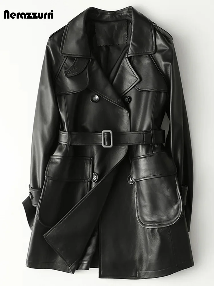 

Nerazzurri Spring Autumn Black Leather Jacket Women Raglan Sleeve Belt Double Breasted Faux Leather Cargo Jackets 5xl 6xl 7xl
