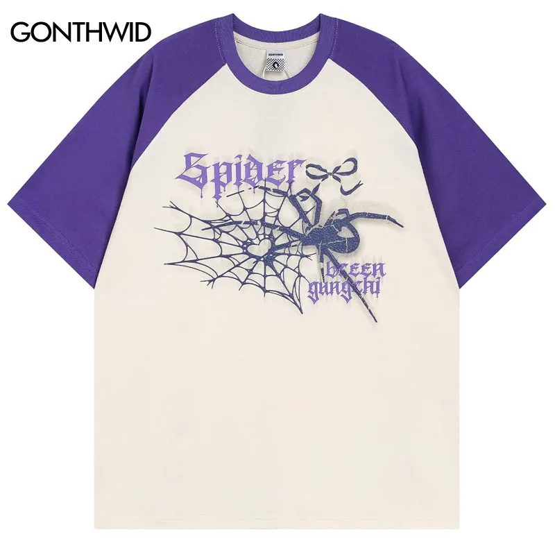 

Hip Hop T-Shirt Y2K Streetwear Harajuku Spider Web Graphic Print Patchwork Tshirt Unisex Fashion Summer Casual Loose Tee Tops