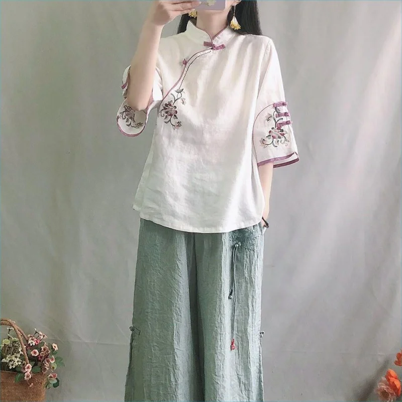 Женская Ретро-блузка в китайском стиле с вышивкой