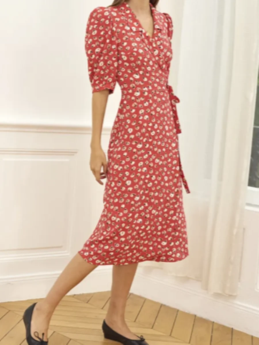 

Women Floral Printed V-Neck Lace Up Waist Half Sleeve Elegant Midi Dress